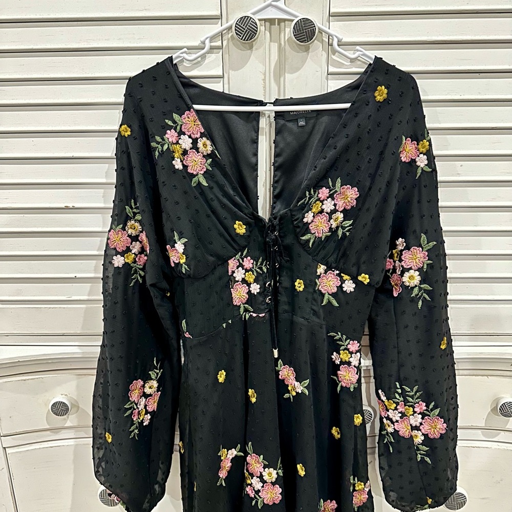 MAJORELLE Black Dress with Pink and Yellow Floral Design